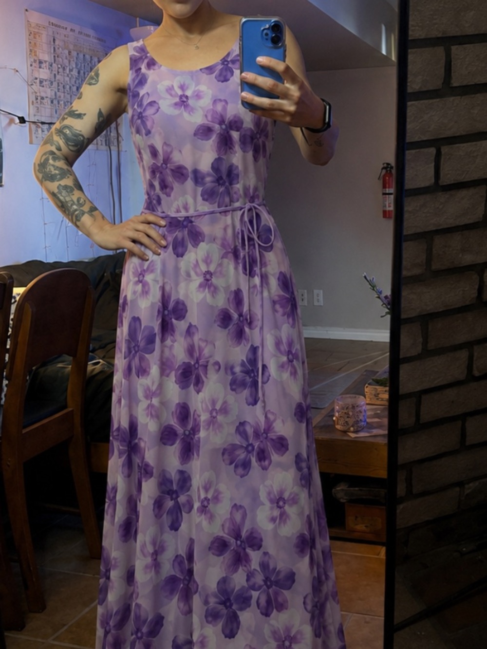 Sleeveless Purple Vintage Floral Maxi Dress with Tie Waist
